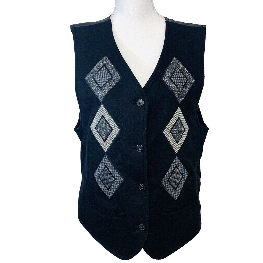Liz Wear Vest Patchwork Woman 10 Black Wool Blend Pockets  Western‎ Boho